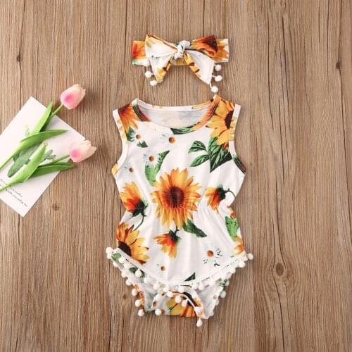 2020 Summer Baby Bodysuit Infant Newborn Baby Girl Clothes Sleeveless Striped Sunflower Tassel Rompers Body bebe +Headband 0-18M