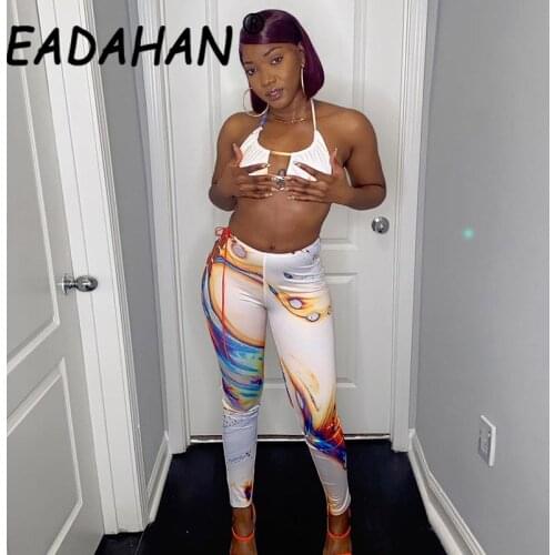 Eadahan 2021 SUMMER FASHION Womens Tie-dye Printed Sexy Sling Bra Tight-fitting Right-hand Strap Trousers Set