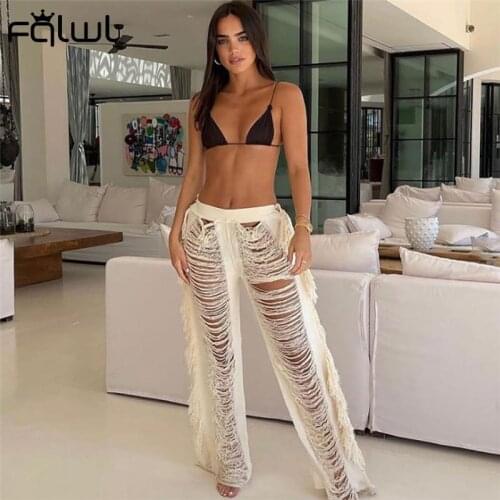 FQLWL Clubwear Tassel White Pants Women High Waist Baggy Pants Sexy Straight Pants Women New Fashion Trousers Bottoms Fall 2021