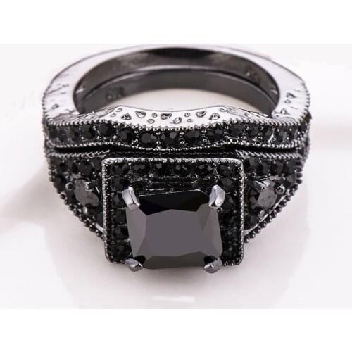 New Fashion Square Cut Black Gold Color Ring Sets Princess Cut black Cubic Zirconia Ring For Women & Men Full Size Wholesale