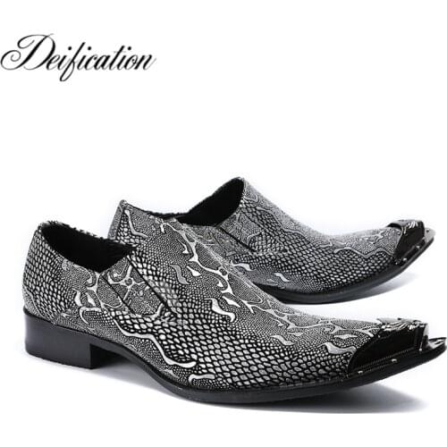 Deification Casual Leather Dress Men Shoes Metal Pointy Toe Italy Classic Style Business Wedding Formal Shoes Slip On Men Flats