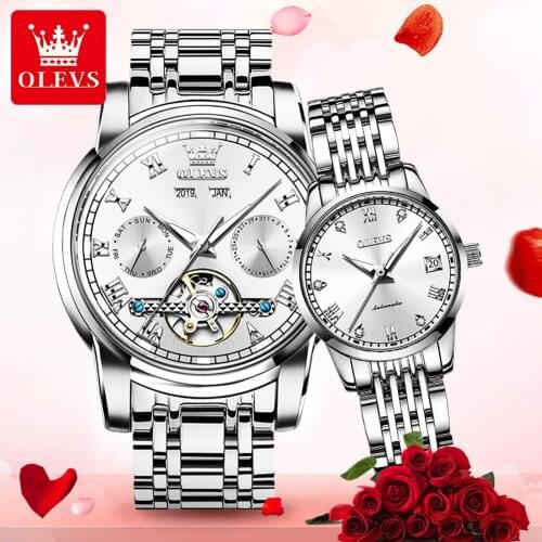 OLEVS Couple Automatic Mechanical Watch Waterproof Casual Style Stainless Steel Strap Fashion Mens Couple Watch Assistir casal