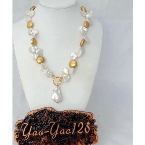 YYGEM 18'' top-drilled White Keshi Pearl 24 K Gold color Plated Coin Bead Necklace Keshi Pearl Pendant necklace for women