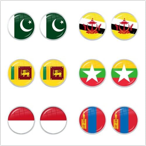 Pakistan,Brunei,Sri Lanka,Myanmar,Indonesia,Mongoli National Flag 12mm Glass Cabochon Stud Eearrings For Women Jewelry Gift