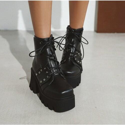 Perixir Platform Ankle Boots Women Lace Up Thick Heel Platform Boots Ladies High Heels Worker Boots for Autumn Winter Black