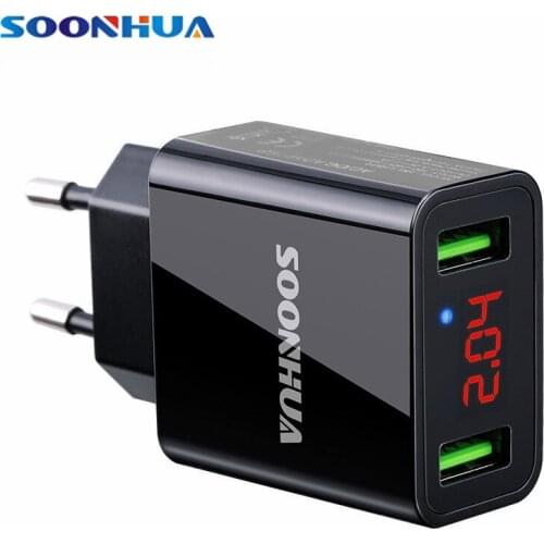 SOONHUA 2 USB 5V 2.2A Fireproof PC Phone Charger Quick Charging Wall Adapter With LED Screen Display EU US Plug For Mobilephones