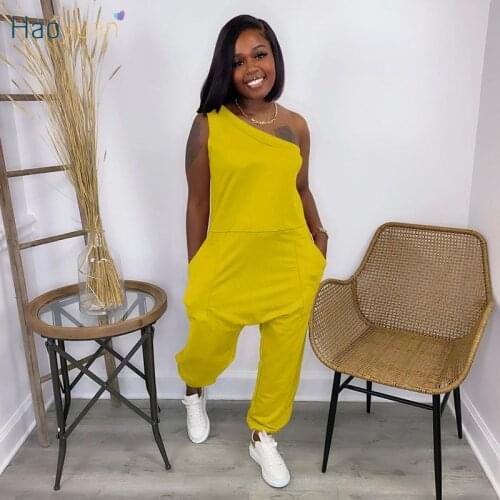 HAOYUAN Sexy One Shoulder Pocket Jumpsuit Sleeveless Streetwear Summer Clothes for Women Outfits Tracksuit One Piece Rompers