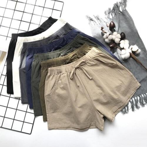 Summer Solid Color Women Drawstring High Waist Loose Cotton Linen Shorts Pants Loose Leisure Drawstring Shorts