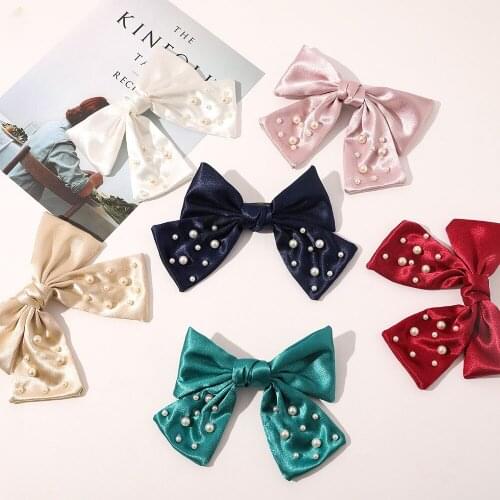 Good Quality Luxury Satin Hair Bow Clips Bling Fabric Pearls Beading Women Hair Accessories Satin Hairgrips Butterfly Hairpins