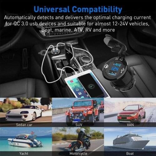 Dual USB Charger Plug Power Socket Adapter Fast Charging 3.0 Waterproof With Voltmeter Suitable For Car RV Boat ATV Bus Truck