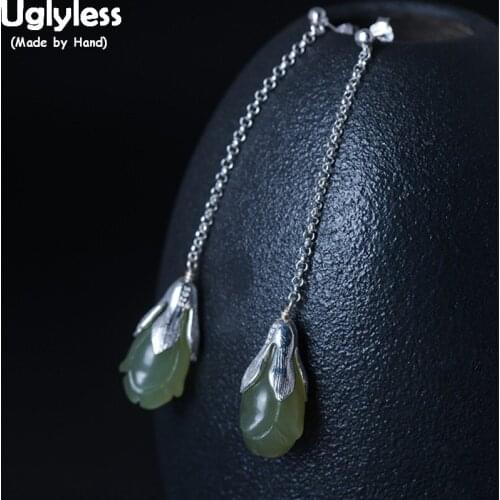 Uglyless Real 925 Sterling Silver Magnolia Earrings for Women Natural Jade Flower Long Earrings Ethnic Vintage Brincos Bijoux