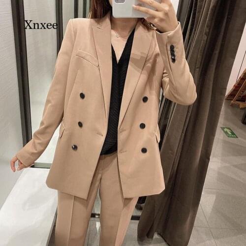 2021 Spring Womens Solid Color Suit Jacket + Pants Two-Piece Suit Womens Double-Breasted Suit Jacket High Waist Pants