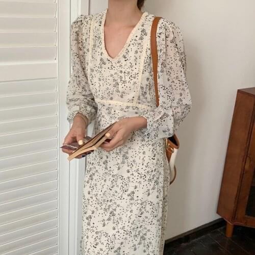 2021 Women Spring V Neck Lace Patchwork Long Chiffon Floral Dress Slim Waist Full Sleeve Fishtail Dresses