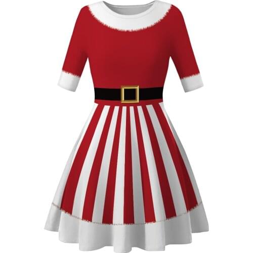 2019 New Fashion 3D Printing O-neck Half Sleeves High Waist Slim A-line Knee Length Pleated Stripe Women Christmas Dress