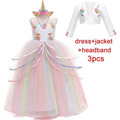 2021 3PCS Flower Girls Unicorn Rainbow Wedding Party Dress Girl Birthday Children Role Dance Performance Dresses 3 9 10 12 Years