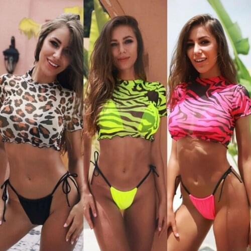 3PCS Womens Leopard Bikini Swimwear Swimsuit Bathing Beach Holiday Short Sleeve