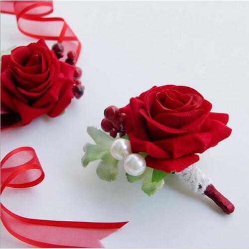 5Pcs Handmade Article Boutonniere Corsage Flowers Groomsman Red Rose Flowers Wedding Accessories Decoration Corsage Flowers