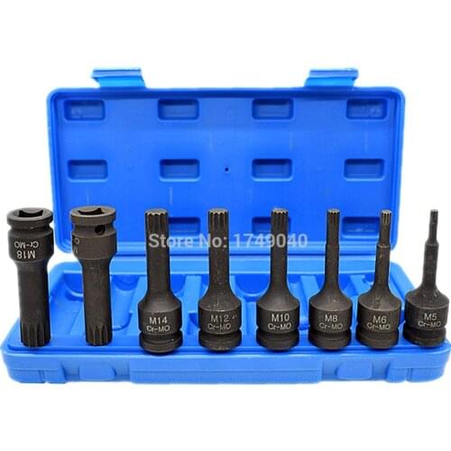 Impact Spline Socket Bits 8pcs Set M5 M6 M8 M10 M12 M14 M16 M18 CR-MO Screw Driver Bit Screwdriver Bits 1/2" Square Drive