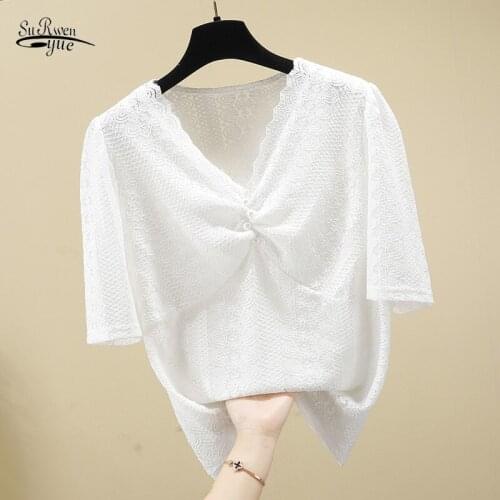 Solid Short Sleeve V-neck Lace Blouse Women Korean Style Summer Tops Blusas Mujer De Moda 2020 Casual Clothes 9421 50