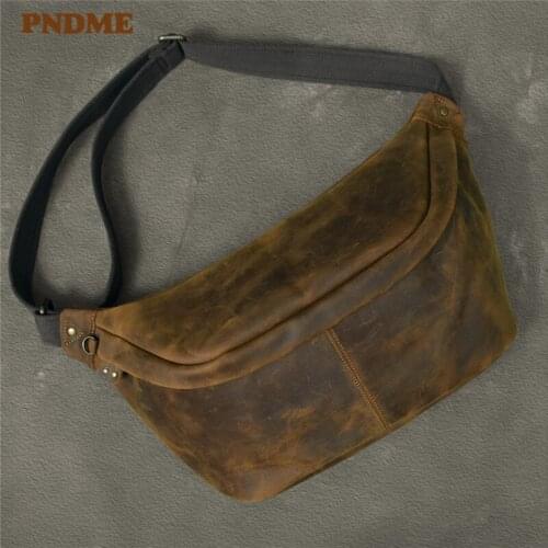 Natural crazy horse cowhide large capacity mens chest bag retro simple high-quality genuine leather sports large diagonal bag