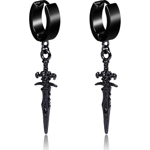 Black Vintage Cross Sword Pendant Men Women Hoop Earrings Punk Hip Hop Stainless Steel Jewelry Accessories Earring Fake piercing