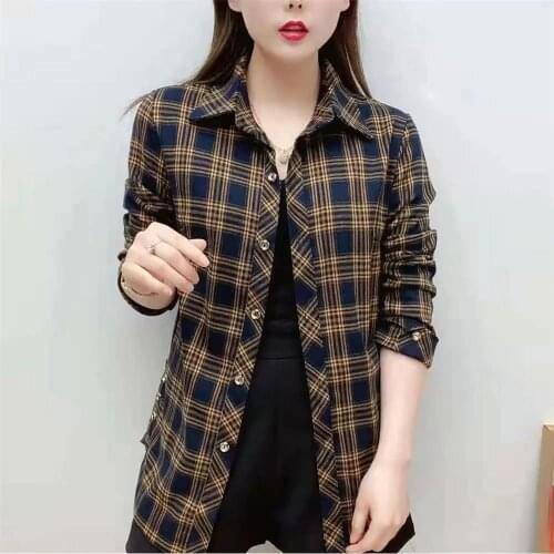 Cotton Plaid Long-Sleeved Shirt Womens Clothing Spring and Summer 2021 New tops Length Cotton Shirt