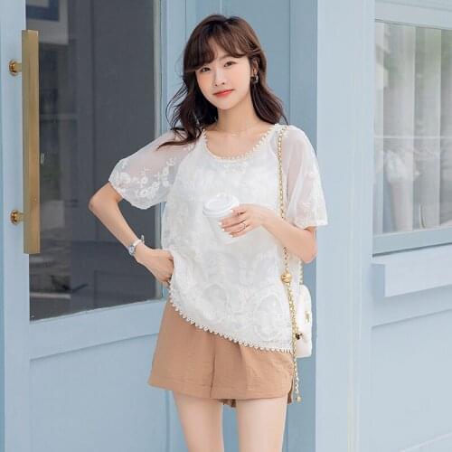 Summer Chic Ins White Lace Maternity Nursing Blouses+ Wide Leg Belly Shorts Sets Suits Clothes for Pregnant Women Pregnancy