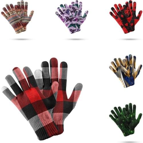 Fashion 3d Printed Check Pattern Warm Gloves Mobile Phone Touch Screen Five Finger Mitten Women Winter Ski Non-Slip Glove