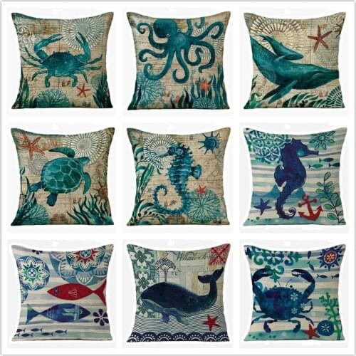 Marine life Pillow Decorative Cotton Linen 45*45 Cushion Cover Sofa Printed Pillowcase for Living Room Pillowcover Decor