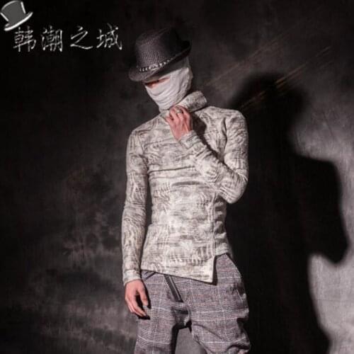 2020 Winter new men personality jacquard high collar bottoming shirt designer retro thick Mens slim Fashion Long sleeve t-shirt