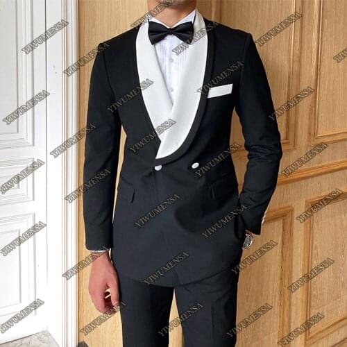 2022 Men Suits White Notch Lapel Black Jacket+Pants 2 Pieces Groom Wear Blazer Tailor-Made Wedding Tuxedos Ternos Masculino Luxo