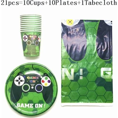 21-41 Green Game Theme Party Disposable Tableware Set Video Game Controller Paper Cup Plate Kids Boy Party Supplies Decoration