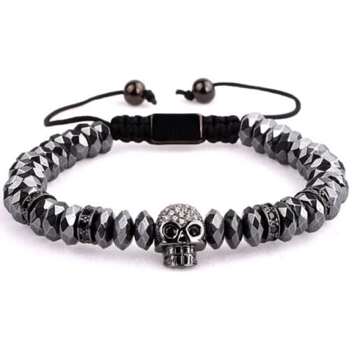New Fashion men Jewelry bracelet CZ skull charm custom hematite beads friendship bracelet men