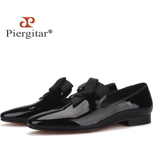 Piergitar handmade men patent leather loafers with bow tie design fashion party and banquet men dress shoes plus size men flats