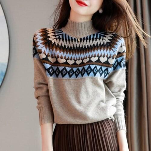 Thickened loose sweater womens autumn and winter 2021 new slim color matching rhombic Plaid semi high neck knitted bottoming