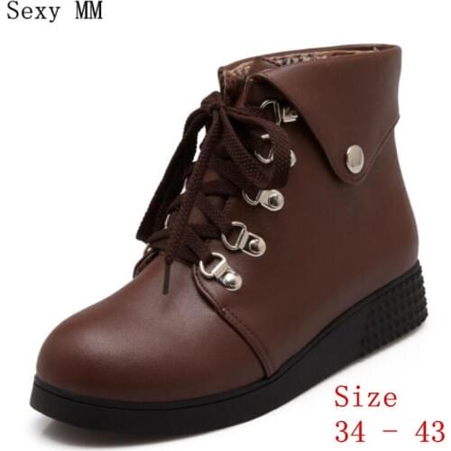 Spring Autumn Winter Woman Flat Ankle Boots Lace-Up Women Flats Casual Shoes Short Boots Plus Size 34-40.41,42,43