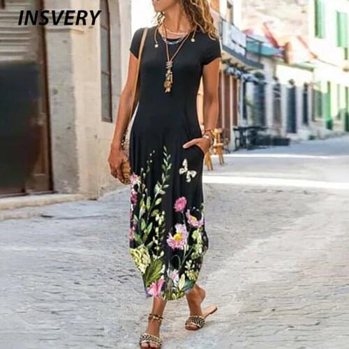 Vintage Floral Printed Dresses For Women O Neck Pocket Short Sleeve Casual Long Dress Women Party Dress Boho Plus Size