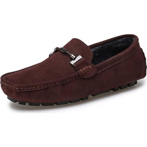 Suede Leather Man Loafers Luxury Casual Shoes Men Boat Shoes Handmade Men Slip on Driving Shoes Male Moccasins Warm Whith Fur