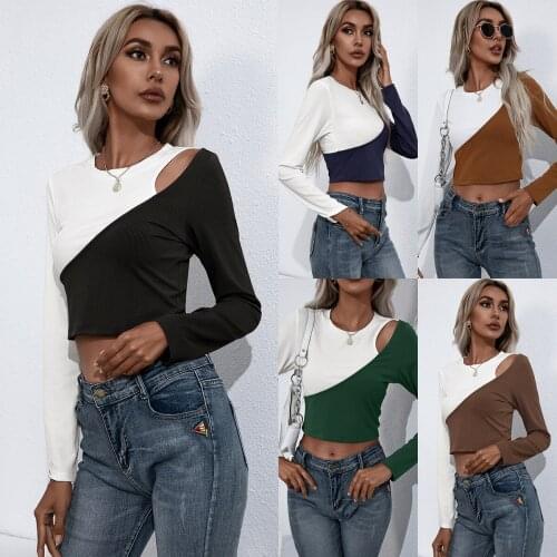 Womens 2021 new autumn winter slim fit exposed navel splicing contrast color ultra short Round Neck Long Sleeve T-Shirt Top