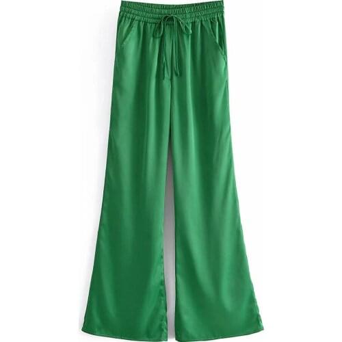 Xikokm 2021 Women Vintage Green Satin Pants Female Office Lady Streetwear Slim Elasticity High Waist Casual Wide Leg Pants