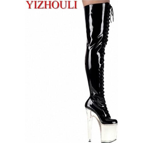 Womens boots for models at nightclubs with 20cm heels and transparent soles, pole dancing over knee boots
