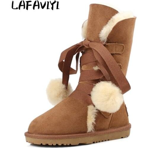 2020 Design lace up snow boots for women bootlace real sheepskin leather natural wool fur lined girls winter shoes 100% Natural