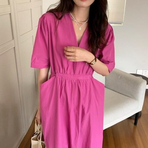 Pinkou Women Stylish Solid Midi Dress High Waist Pockets Bow Tie Sashes V Neck Green Pink Gery Female Chic Mid Calf Dresses QA76