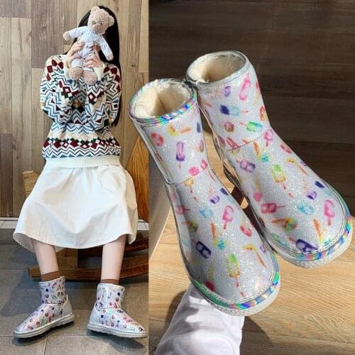 Winter Shoes Women Boots Classic Clear Mini Flats Handmade Sheepskin Platform Ladies Boots Outdoor Shiny Furry Snow Boots