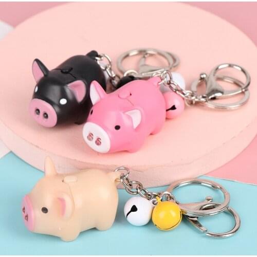 1PCS Mini Adorable Pig Keychain LED Luminous Sound Cartoon Pig Key Ring