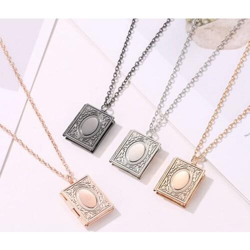 1pc Fashion Carved Vintage Style Delicate Imitation Book Locket Necklace Secret Hiding Place Photo Locket Necklace Photos Box