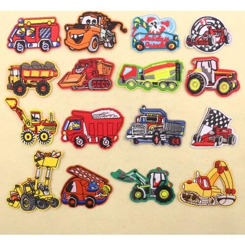 16PCS Cartoon Car Patches Excavator Truck DIY Patch Cute Embroidery Applique Iron on Clothing Accessories Kids Clothes Stickers