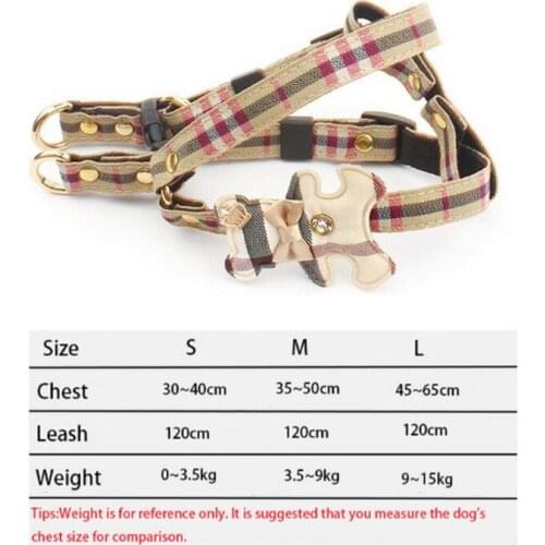Pet Dog Harness Leash 2 Sets Classic Check Bow Teddy Collar Dog Walking Rope Chain For Small Medium Pet Harness Suit Leash Set