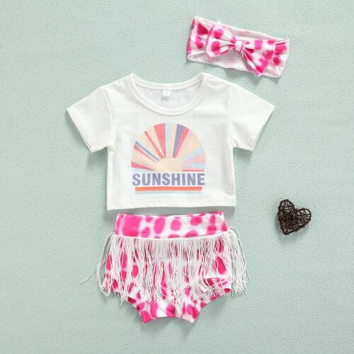 2021 Three Piece Baby Girl’s Clothes Fresh Sunshine Short Sleeve Tops and Tie-dye Tassel Shorts with Headband