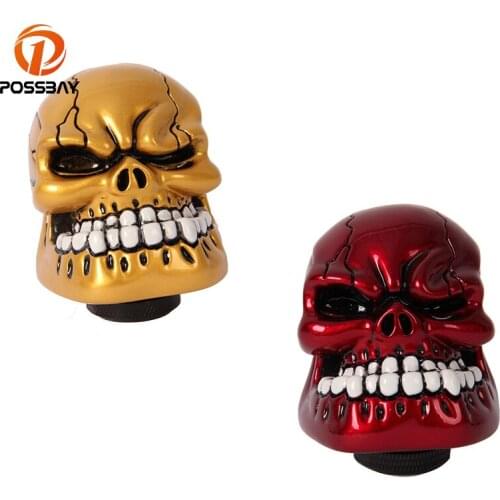 POSSBAY Car Accessories Red Gold Shift Lever Knob Resin Wicked Carved Skull Gear Stick Shifter Knob Handbrake Cover Case
